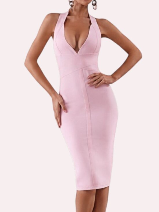 Dresses & Skirts - Petal Pink Halter Bandage Midi Dress | Deep V Open Back Bodycon | Size L